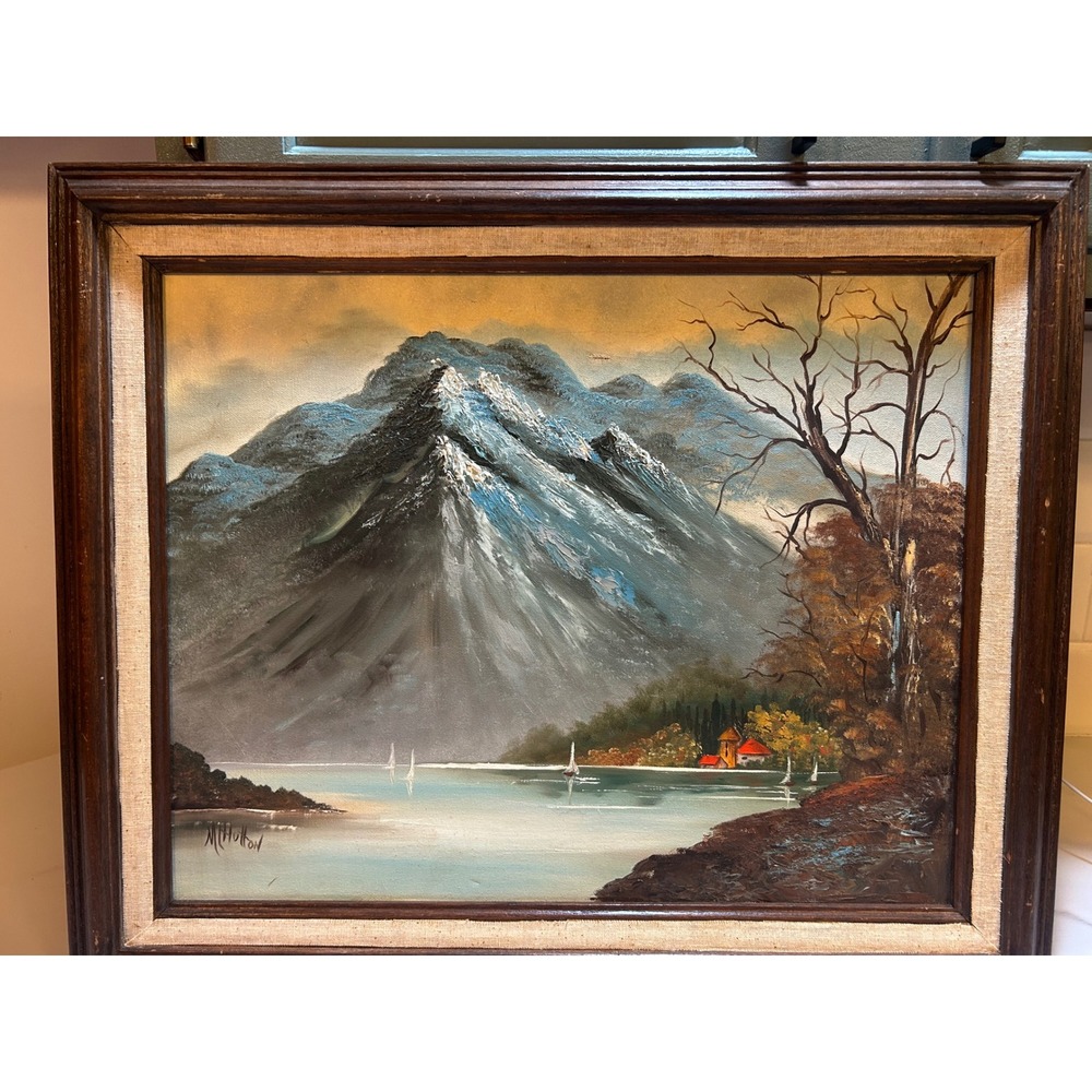 Vintage M Hutton Signed Oil Painting Mountain Lake Landscape Framed 20x16 Canvas